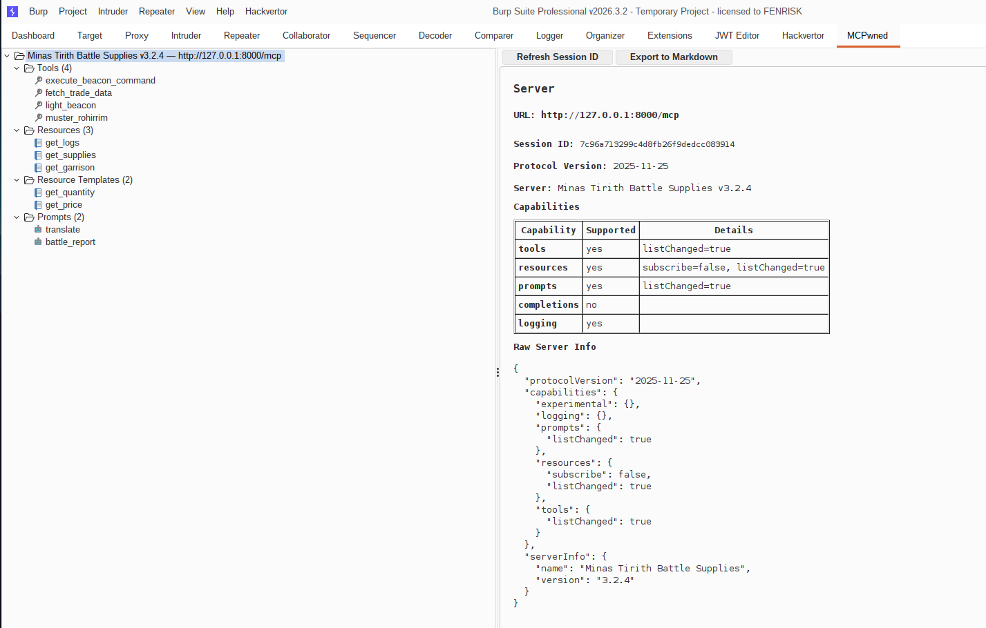 Burp Suite MCPwned extension window showing data about an MCP server