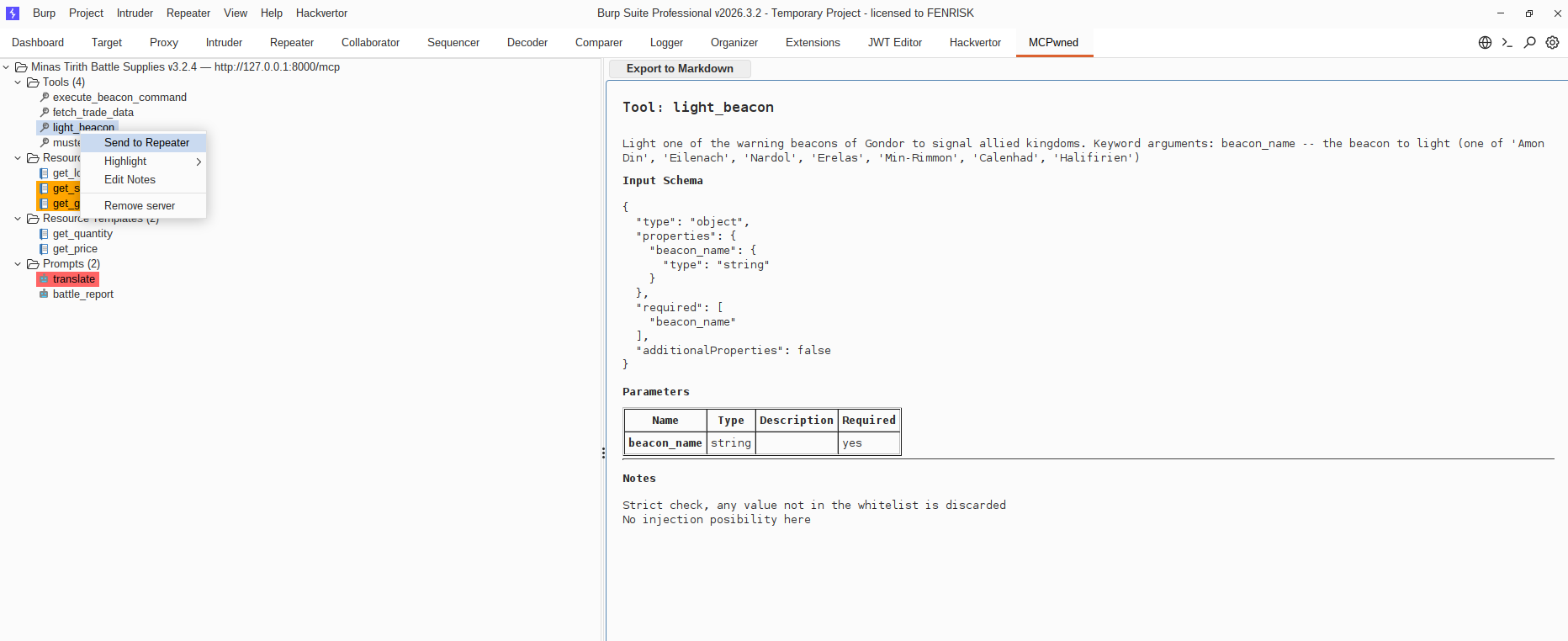 Burp Suite MCPwned extension window with notes and color tagging features